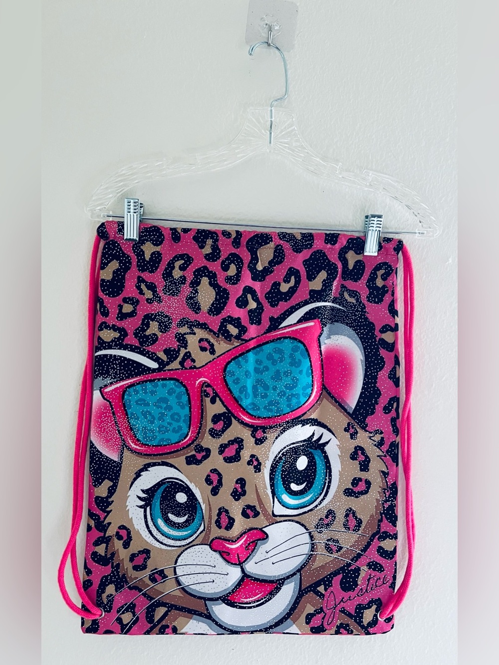 Justice Pink Leopard Cat Drawstring Backpack Girls Cute Gym School Bag NWOT